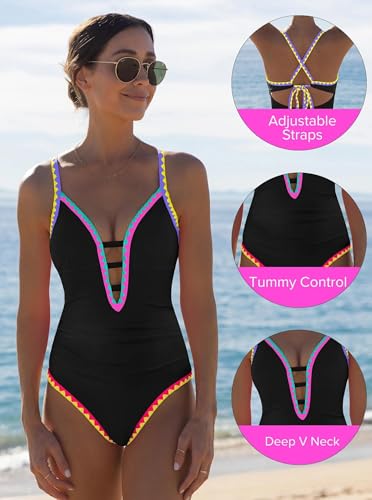 Image of popvil Women One Piece Swimsuit Deep V Neck Neon Cute Bathing Suit | Neon Contrast Trim, Adjustable Straps, Cutout, Soft Stretch Fabric, Back Tie, Quick-drying, Beach, pool, cruise vacation