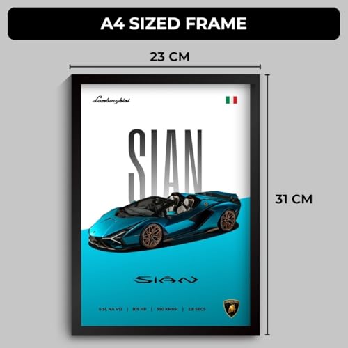 Image of Funk You Store Lamborghini Sian Poster | Framed Lamborghini A4 Sized (31 x 23 cm) | Car Posters for Wall, Gift for Boys Supercar Frame | Car Poster for Wall, Bedroom, Hostel, Study Room (F 057)