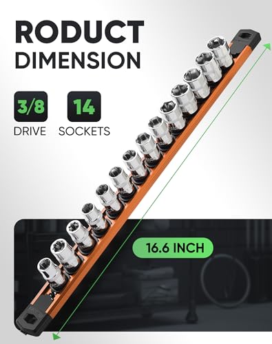 Image of ALOANES Magnetic Socket Organizer Set, 3 /8-Inch Drive Heavy Duty Aluminum Socket Rail Organizer, 360 Swivel Clips Socket Holder Kit for Toolbox Drawer Fit 3 /8-Inch x 14 Clips (Orange, 1PC)