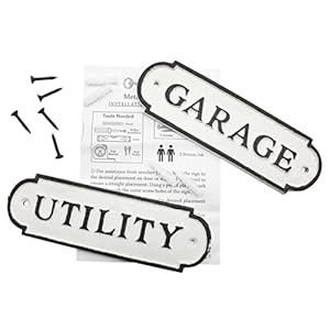 AuldHome Design Cast Iron Garage/Utility Signs (Set of 2); Black and White Rustic Room Signs AuldHome Design Cast Iron GarageUtility Signs Set of 2 Black and White Rustic Room Signs