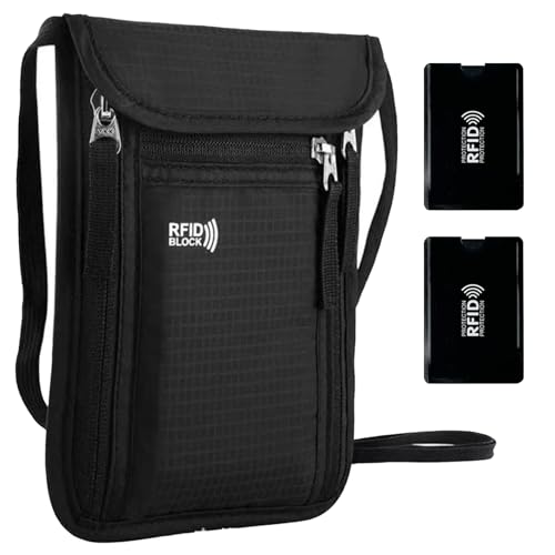 MLPKOI Portadocumentos Viaje de Cuello con Bloqueo RFID, Cartera Cuello Pasaporte Impermeable, Portadocumentos de Viaje con Correa, Funda Colgante para Documentos Efectivo Hombres Mujeres (Negro)