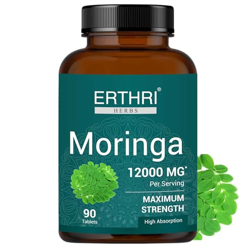 ERTHRI Moringa Tablets – 12,000mg per Serving, 90 Tablets | 100% Natural Drumstick Leaf Extract | Immunity Booster | Supports Digestion & Appetite | Vegan & Organic Supplement