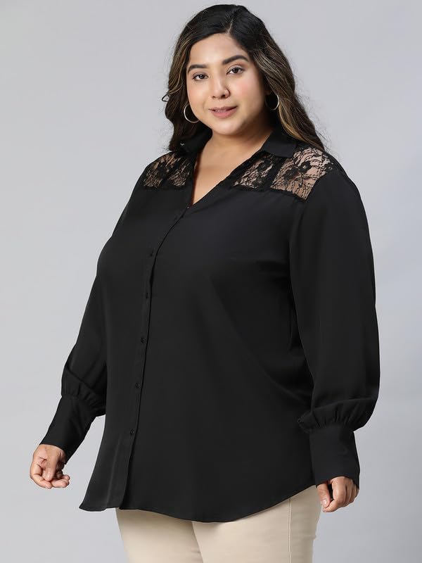 Image of oxolloxo Women Plus Size lace Detailed Collared Long Sleeve Shirt