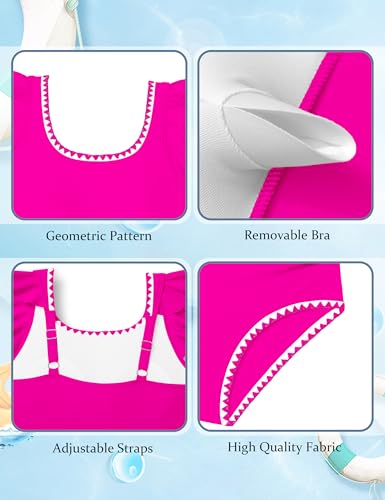 Image of Girls Swimsuit Ruffled Square Neck Color Contrast Trim One Piece Bathing Suit Geometric Girls' Swimwear 9-16Y
