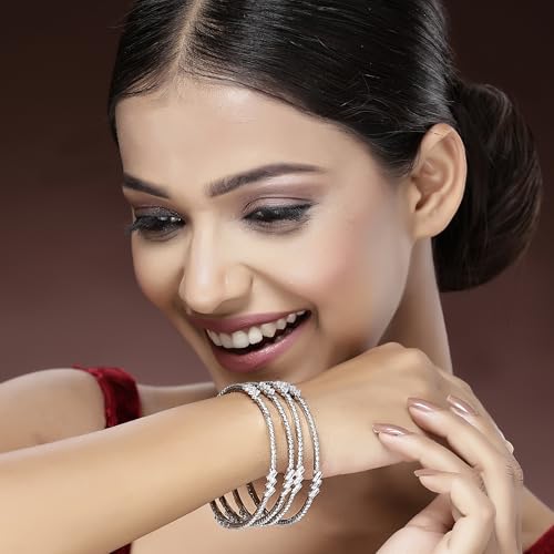 Image of ZENEME Jewelry Rhodium Plated Brass Silver Toned Set Of 4 American Diamond Gold Plated Bangles For Women and Girls