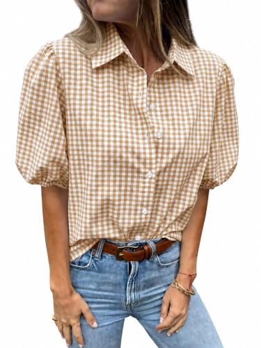 Image of Tankaneo Women's Button Down Shirts Short Puff Sleeve Collared Dressy Casual Blouse Tops