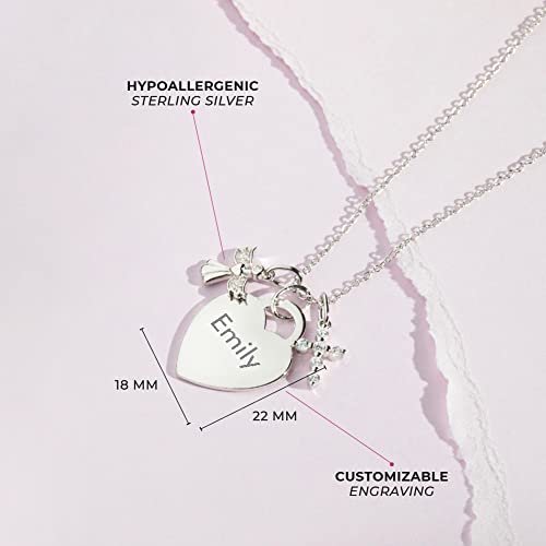 925 Sterling Silver Personalized Heart Necklace for Young Girls with Clear Cubic Zirconia Guardian Angel & Cross Pendant - Engravable Shiny CZ Heart Shape Name Tag ID Necklaces for Children & Teens4