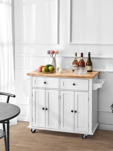Kealive Kitchen Island on Wheels, Rolling Kitchen Island Cart with Cabinet and Lockable Castors, 2 Drawers and Spice Rack Towel Rack Rubber Wood Countertop, White, 35.5in x 17.8in x 32.3in