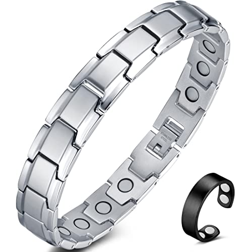 Vicmag Magnetarmband Herren Titanstahl-Magnetarmband Einreihig Ultra-Stärke-Magnete mit Einstellwerkzeug und Geschenkbox (Einreihig Silber)