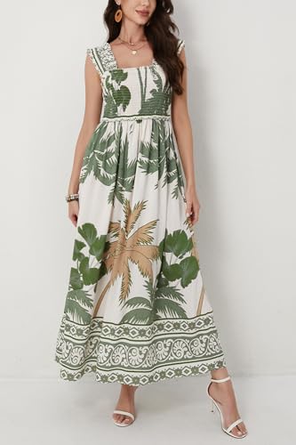 Image of Women Summer Boho Maxi Dress Casual Hawaiian Sleeveless Square Neck Beach Vacation Dresses