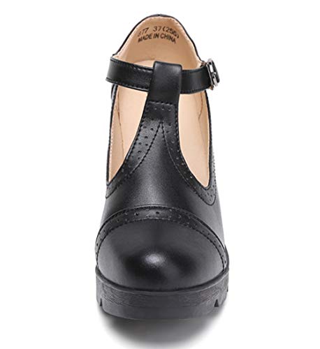 DADAWEN Women's Leather Classic T-Strap Platform Chunky Mid-Heel Mary Jane Square Toe Oxfords Dress Pump Shoes3