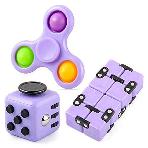 EA Fidget Packs, Simple Stress Relief Kit Gift for Party, Schools, Christmas Stocking Stuffs. 3PCS Fidget Toys Set-Fidget Cube, Infinity Cube, Pop Fidget Spinner (Purple)