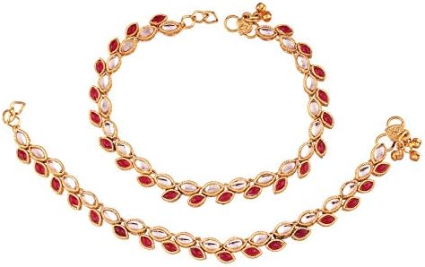 I Jewels 18k Gold Plated Indian Wedding Bollywood Style Ethnic Kundan Studded Anklet/Payal Barefoot Jewelry for Women (A027M)