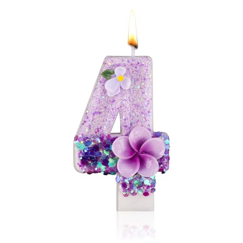 Bougie d'Anniversaire en Forme de Chiffre, Bougie d'Anniversaire en Forme de Fleur Violette Bougie Scintillante en Forme de Chiffre Bougie en Paraffine en Forme de Chiffre (Numéro 4)
