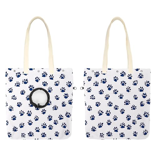 Pet Canvas Shoulder Bag Soft-Sided,Dog Purse Carrier for Small Dogs and Cats, Portable Pet Handbag with Adjustable Hole, Pet Washable Travel Tote Bag,Dark Blue Dog Paw 16.7''x15.8''