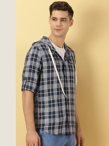 Image of Thomas Scott Men's | Checks | Full Sleeve | Regular Fit | 100% Cotton | Hooded | Casual Shirt