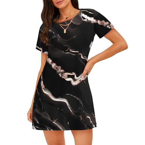 Chemise de nuit manches courtes femme motif marbre noir vetement nuit