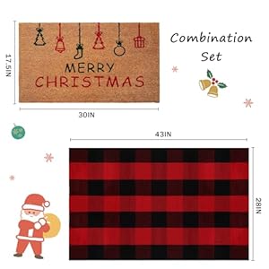 Christmas Door Mat Combo Set 100 Coco Coir Welcome Mat 28 x 43 Inch Red and Black Plaid Rug Holiday New Year Christmas Collection Decorative Doormat for Front Porch Entryway Decor