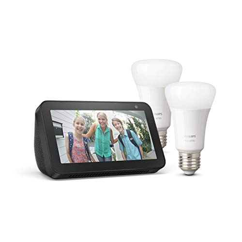 Echo Show 5, Noir + Philips Hue White Pack de 2 ampoules LED connectées (E27), compatibles avec Bluetooth et Zigbee (aucun hub requis)