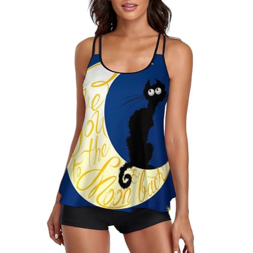 Maillot de Bain Tankini Chat Noir Femme Short Bikini Robe Plage Etoiles