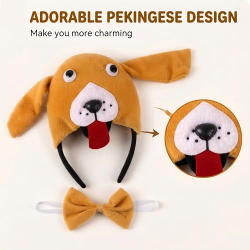 Image of Pekingese Headband with Bow and Tail Costume Set, Halloween Animal Ears Costume Dress Up Suit, Cosplay Party Supplies for Adult