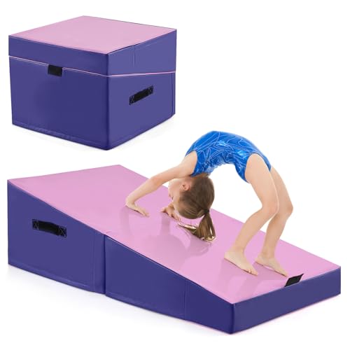 COSTWAY Materassino Ginnastica, Tappetino da Ginnastica Pieghevole con Schiuma EPE e Pelle PVC Antiscivolo e Maniglia, Tappetino da Esercizio a Forma di Cuneo per Casa e Palestra (Rosa e viola)