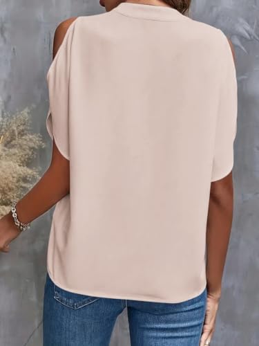 Women's Cold Shoulder Tops Summer Fashion Short Sleeve V Neck Casual Loose Solid Color Blouse Shirts3