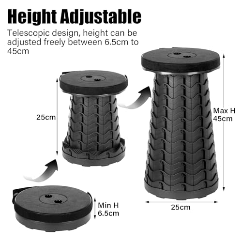 Image of Portable Folding Stool, Height Adjustable 6.5 - 45 cm, Plastic Seat, Black, Modern Style, Ideal for Outdoor, Camping, Fishing, BBQ, Kitchen