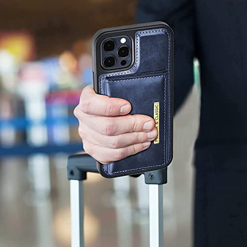 Image of PULOKA Wallet Back Case - Compatible with iPhone 14 Pro - Vegan Leather Phone Cover - Detachable Card Holder Case with Kickstand - Shockproof, Anti Scratch & Raised Edges for Protection - Blue