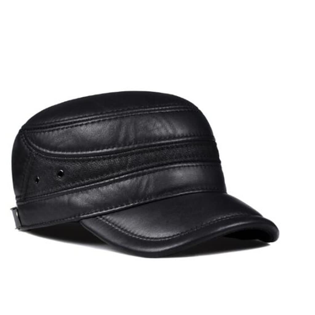 Cappelli Primavera Inverno Pelle Nero Berretto da Baseball Piatto da Uomo Regolabile Taglia Esterno Caldo Fibbia sul Retro, DL 55 56cm,D-L 55 56cm
