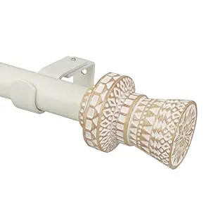 SKYPLUS LIVING Modern Boho Style Single Curtain Rod Set with Round Carved Finial,72-144 in, Standard Single White Drapery Rod for 1 Pack, 1 in diameter, Adjustable Length