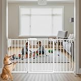 57.5'-62' Extra Wide Auto Closing Baby Safety Gate for Stairs & Doorways, Pressure Mounted No Drill Pet Gate with Walk-Through Door - Heavy Duty Childproof Gate for Toddlers, Kids, Dogs (White)