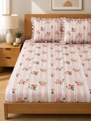 Image of King Size Fitted Bedsheet with 2 Frill Pillow Covers (PinkRoseFrill, King Size - 72x78 Inch)