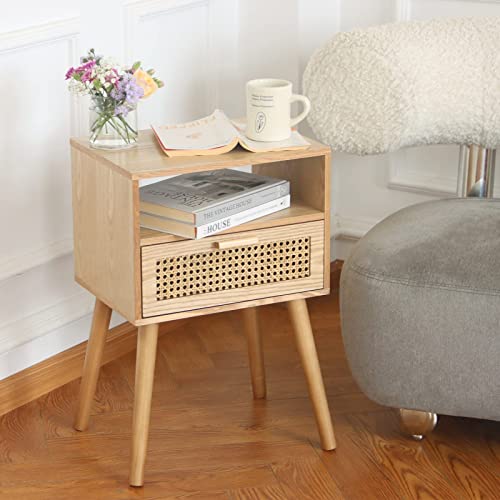 Maxsmeo Modern Nightstand Rattan Side Table With Storage, Farmhouse End Table For Living Room, Bedroom And Small Spaces, Accent Bedside Tables With Solid Wood Legs, Easy Assembly (Natural Walnut) #TOP1