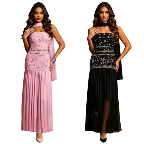 Image of PORRCEY Women's Sexy Rhinestone Mesh See Through Party Night Prom Dress