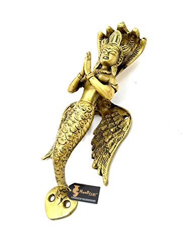 Image of Two Moustaches 8.5 Inches Nagkanya Design Brass Door Handle, Snake Lady Door Handle, Handles for Main Door, Door Pulls, Standard Size, Antique Yellow, Pack of 1