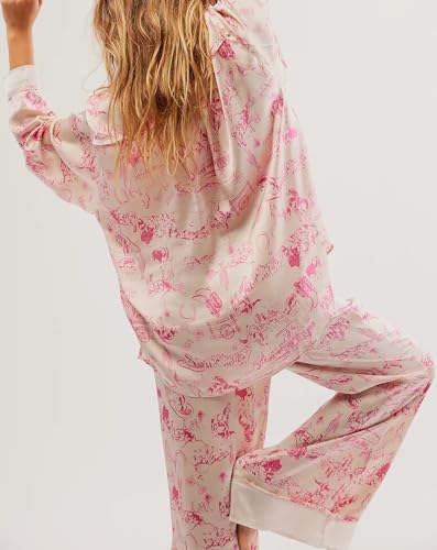 Argeousgor Women Floral Pajama Sets Silk Satin Lounge Set Long Sleeve Button Down Shirt Pants 2 piece Pjs Sleepwear3