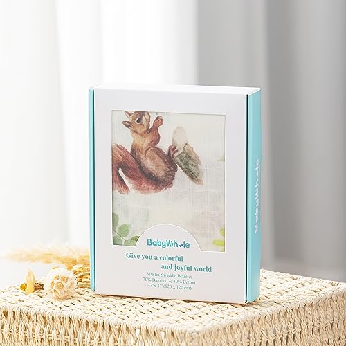 Image of BabyWhale Muslin Swaddle Blanket with Hat and Headband Bow, Animals Print Swaddle Set for Baby Boys & Girls, Newborn Silky Soft Receiving Blanket Wrap, 47x47 inches
