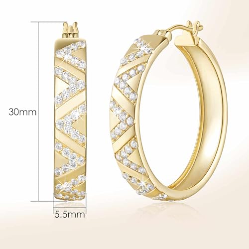 14K Gold Hoop Earrings for Women 14K Gold Earrings V-Shaped Cubic Zirconia Inlay Thick Hoops Womens Earring 25/30mm2
