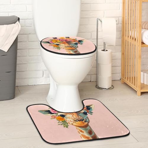 2 Pieces Flannel Toilet Contour Mat and Toilet Lid Cover, Soft Toilet Lid Cover Set Machine Washable Non Slip Contour Mat for Bathroom Decor Accessories