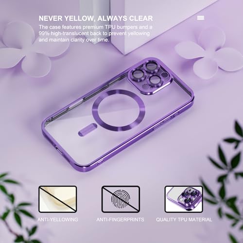 Image of Misea Magnetic for iPhone 16 Pro Case Compatible with MagSafe | [Never Yellowing] [Military Drop Protection] Full Camera Lens Protector Plating Soft Clear Phone Case for Women, Deep Purple