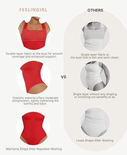 Image of FeelinGirl Bodysuits for Women Seamless Square Neck Tummy Control Compression Thong Shapewear Bodysuit Tank Tops Bodysuit
