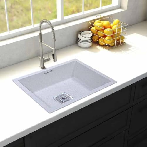 Image of BASINQU Quartz Kitchen Sink 24 x 18 x 9 Inch Granite Kitchen Sink Single Bowl White Quartz Sink for Kitchen Basin Sound Dampening Scratch Resistant UV-Protected Noise Reducing