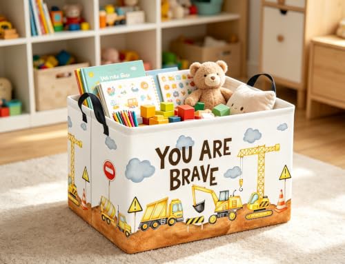 Image of Rectangular Kids Storage Basket Baby Gift Basket Cute Toy Storage Bin Organizer Shelf Book Basket Room Decor(Excavator)