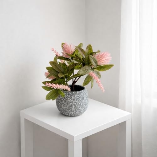 Image of Garden Art Artificial Protea Flower Arrangement in Decorative Dotted Pot - Realistic Faux Pink Protea Plant for Home, Office, Table & Shelf Decoration (P-0235Pink)