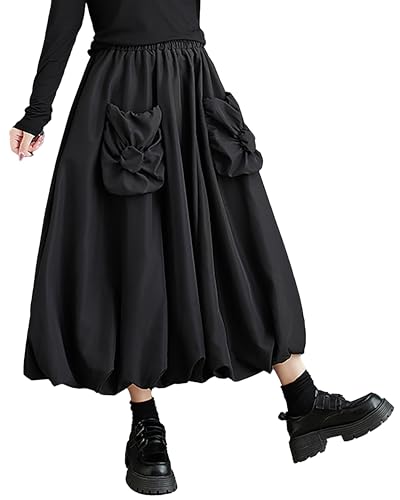 Women's Skirt Wide Legs Elastic Two Side Pockets Flowy Hem Solid Color Baggy Loose Oversize GZ268