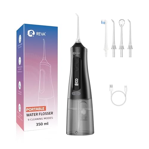 R REVA Professional Water Flosser - Cordless Oral Irrigator with 360° Nozzle, 350ML Reservoir, IPX7 Waterproof, Rechargeable - Dental Floss Tool for Teeth, Braces & Gums - Black (M131)