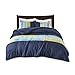 Mi Zone Cozy Comforter Set Geometric Stripes Vibrant Color Design All Season Bedding Matching Shams, Decorative Pillow, Full/Queen, Pipeline Navy, 4 Piece
