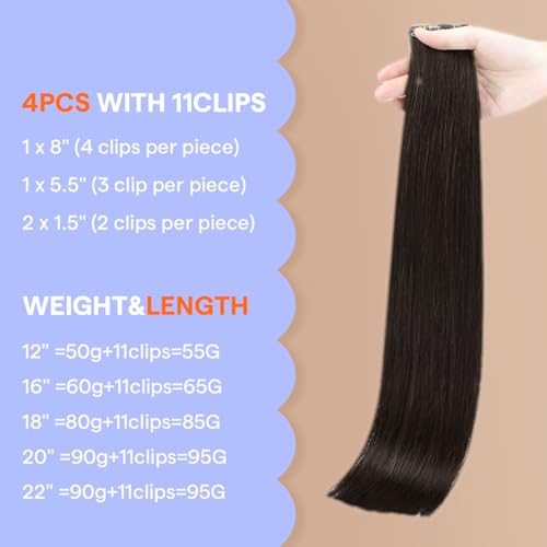 Image of Full Shine Invisible Clip in Hair Extensions, Dark Brown Human Hair, 4 Pcs