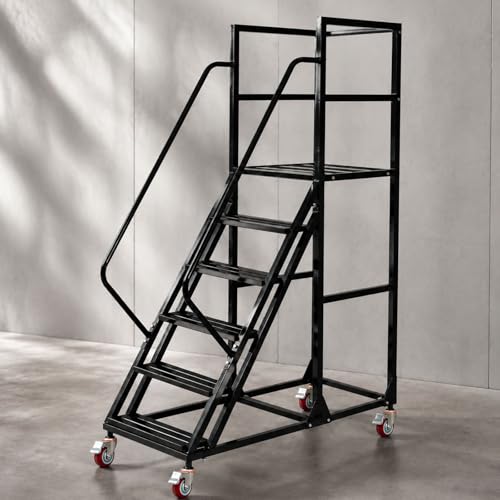 Image of 6-Step Rolling Warehouse Step Ladder, Lockable Wheels, Non-Slip Wide Steps, Dual Handrails, Movable Platform Ladder, Rolling Stairs for Warehouse, Supermarket, Library (Black, 6 Steps)